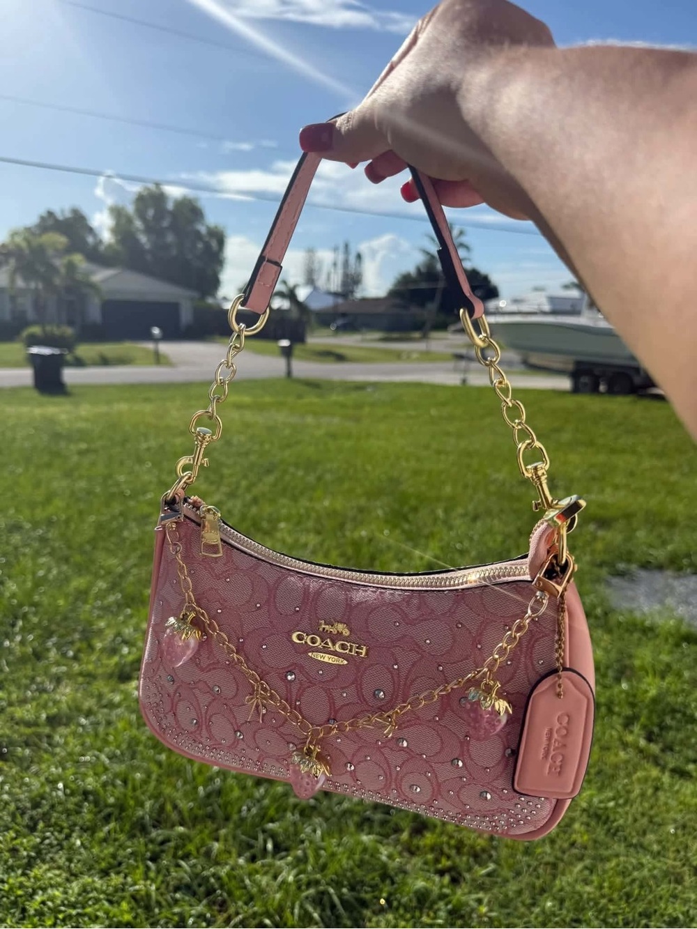 COACH Pink Mini Shoulder Bag with Gold Chain Charms